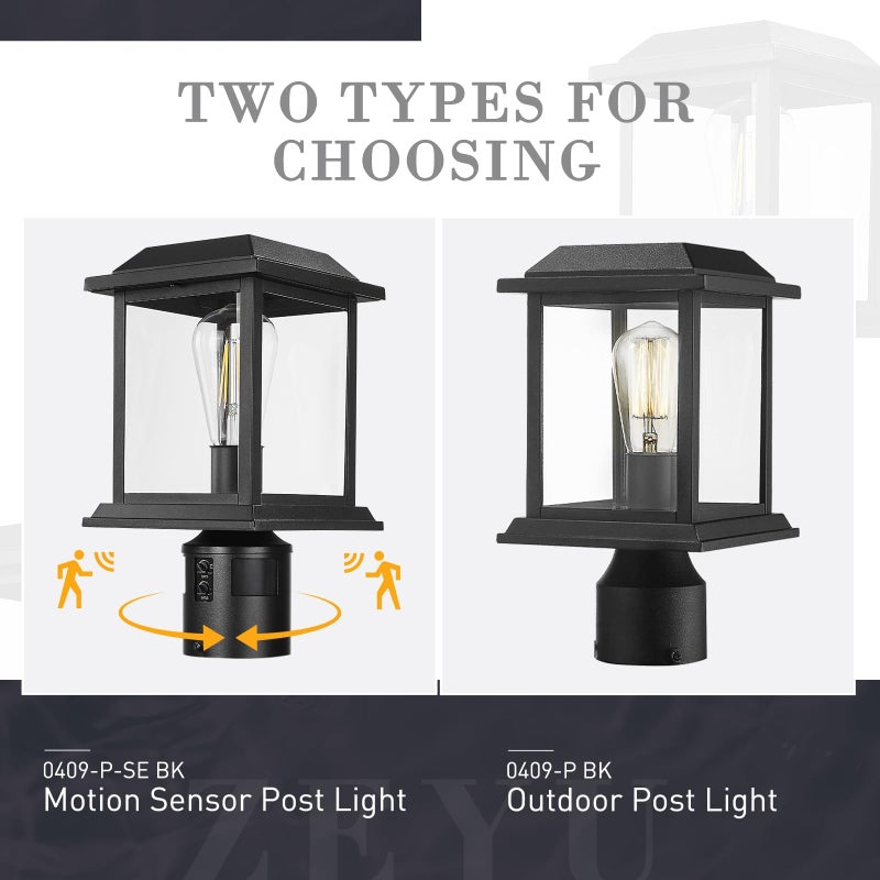 zeyu 12.2-Inch Outdoor Lamp Post Light Fixture, 360Â° Detection, 4 Modes, Exterior Sensor Post Light, Die-Cast Aluminum with Clear Glass Shade, Black Finish, 0409-P-SE BK - Image 5